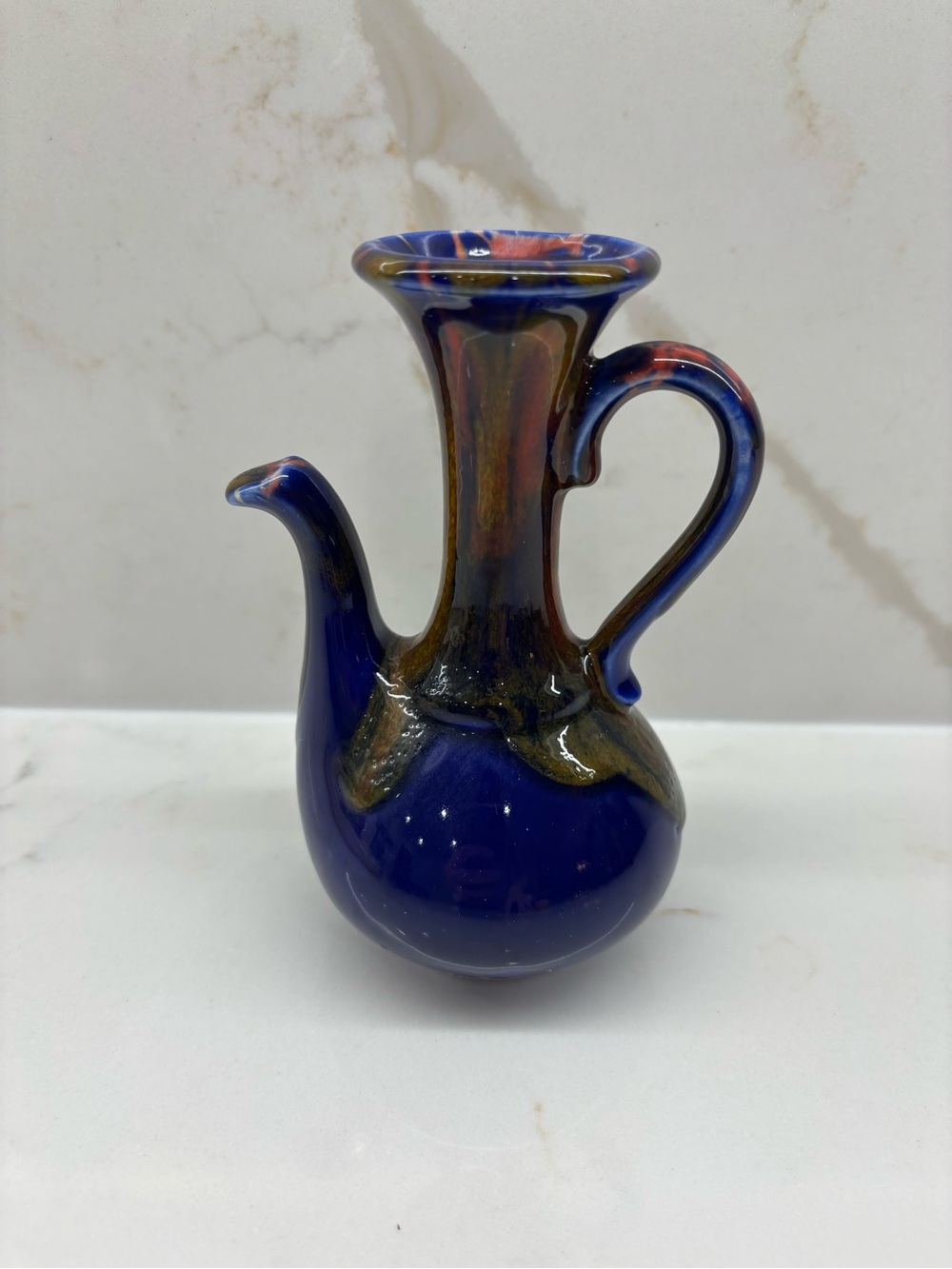 Vintage Italian Art Glass Mini Ewer Vase Cobalt Blue Red Drip Glaze MCM